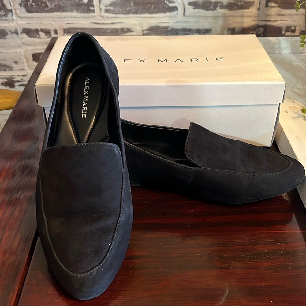 Slightly used, in box pair of black suede,Alex Marie, Barson flats.
